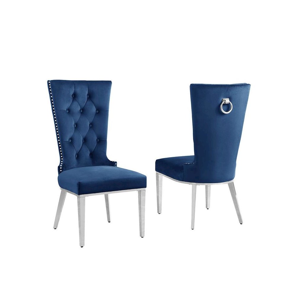 Navy Blue velvet side chair with silver stainless steel base (SET OF 2). Picture 1