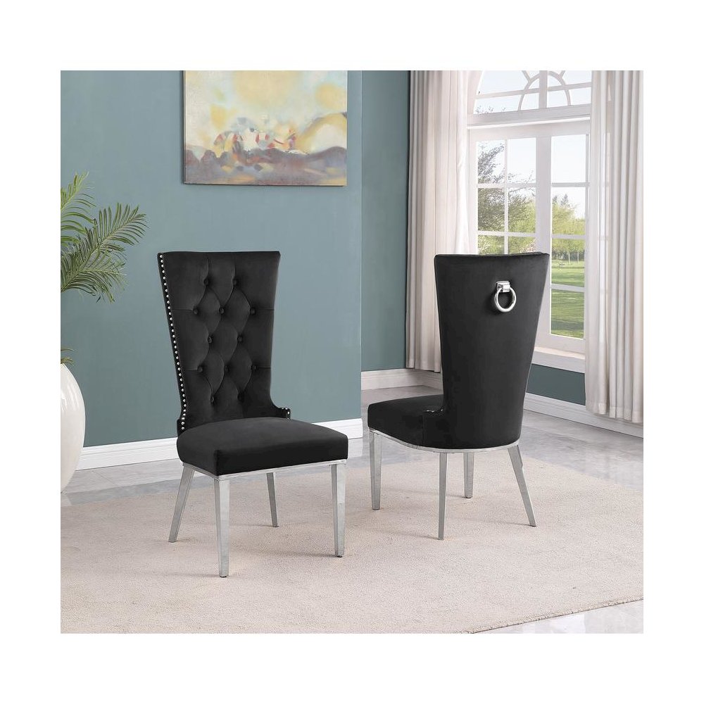 Black velvet side chair with silver stainless steel base (SET OF 2). Picture 2