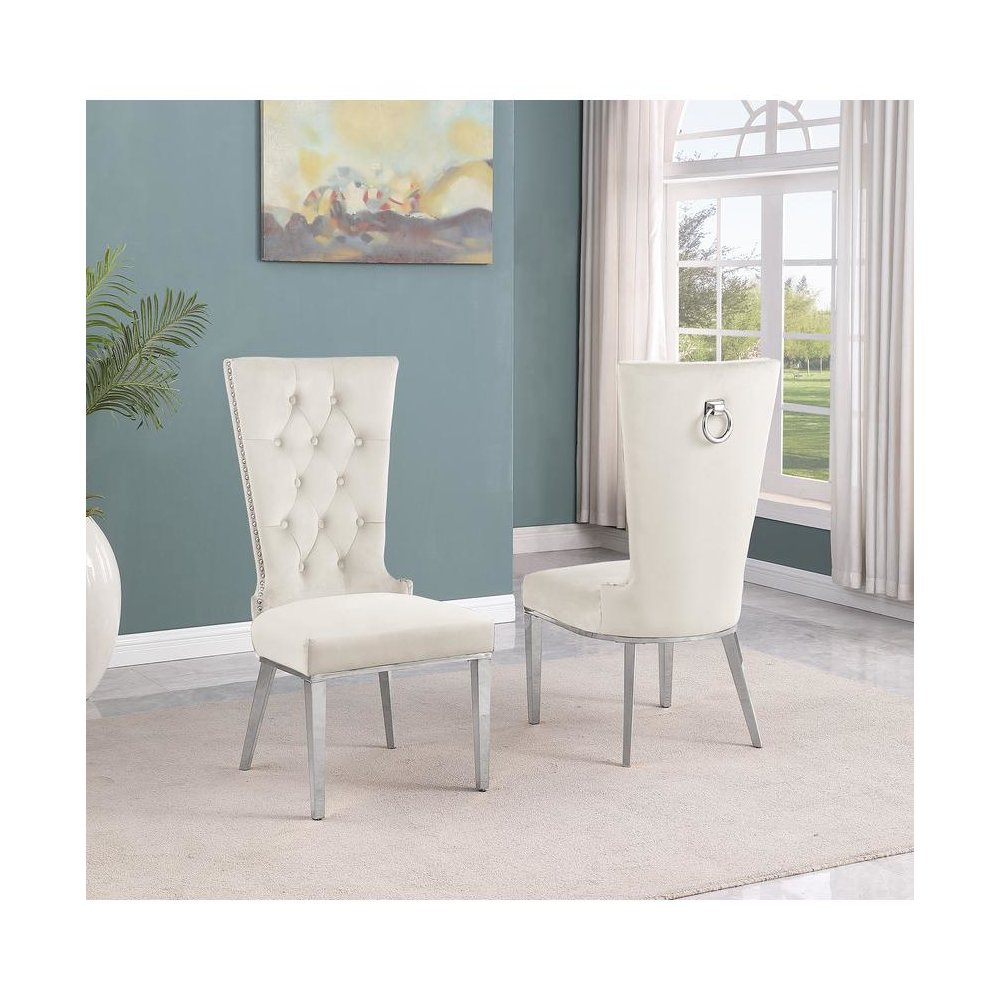 Cream velvet side chair with silver stainless steel base (SET OF 2). Picture 2