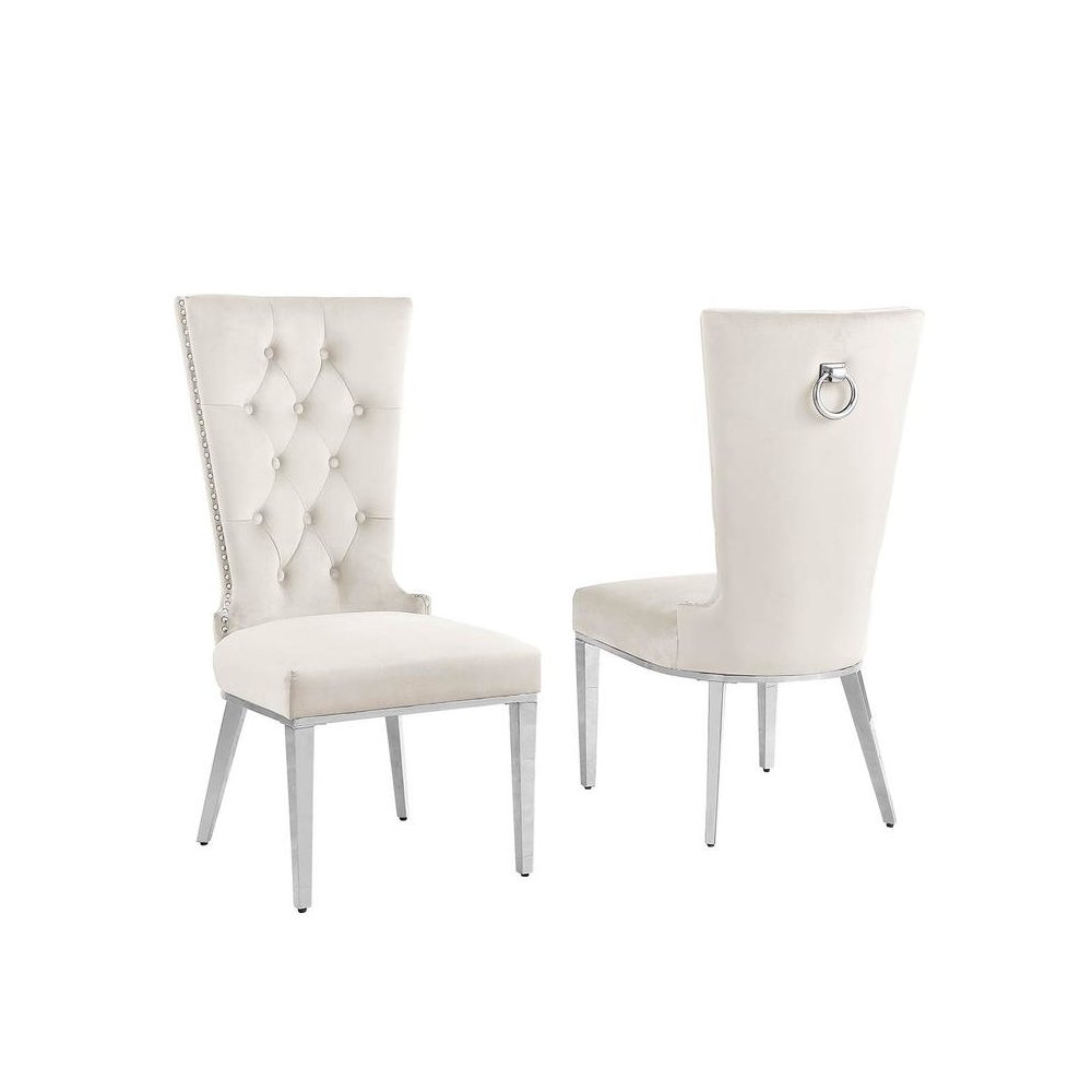 Cream velvet side chair with silver stainless steel base (SET OF 2). Picture 1