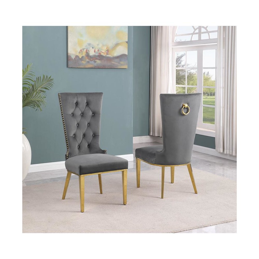 Dark Gray velvet side chair with gold stainless steel base (SET OF 2). Picture 2
