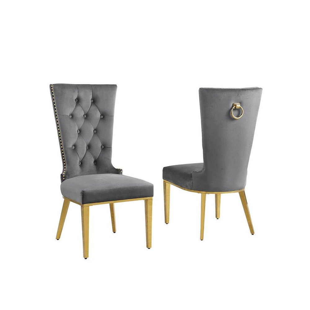 Dark Gray velvet side chair with gold stainless steel base (SET OF 2). Picture 1
