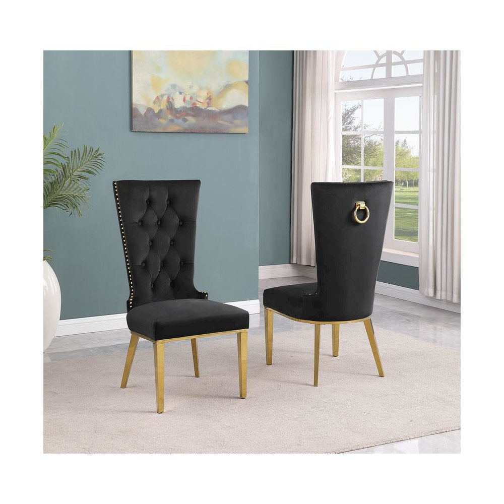 Black velvet side chair with gold stainless steel base (SET OF 2). Picture 2