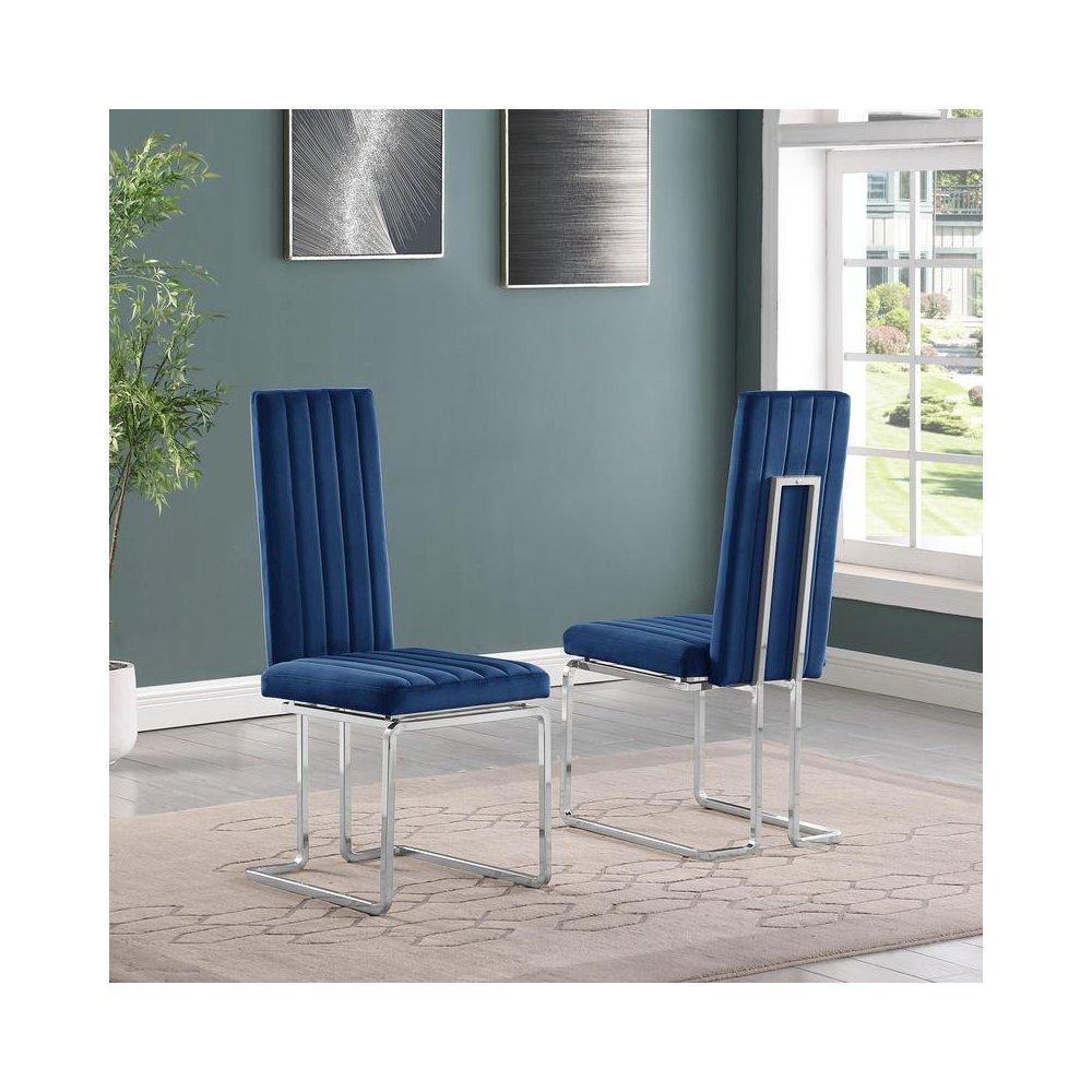 Navy blue velvet side chairs with silver base (SET OF 2). Picture 2