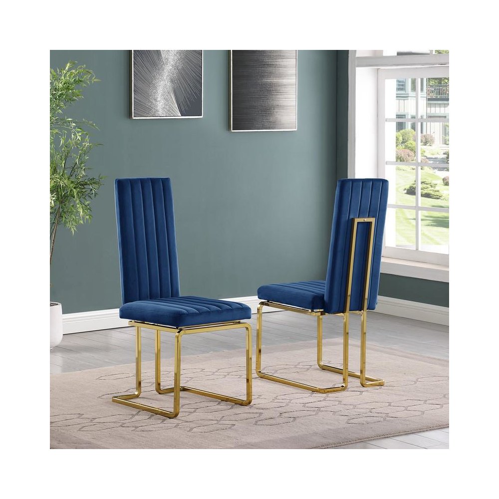 Navy blue velvet side chairs with gold color base (SET OF 2). Picture 2