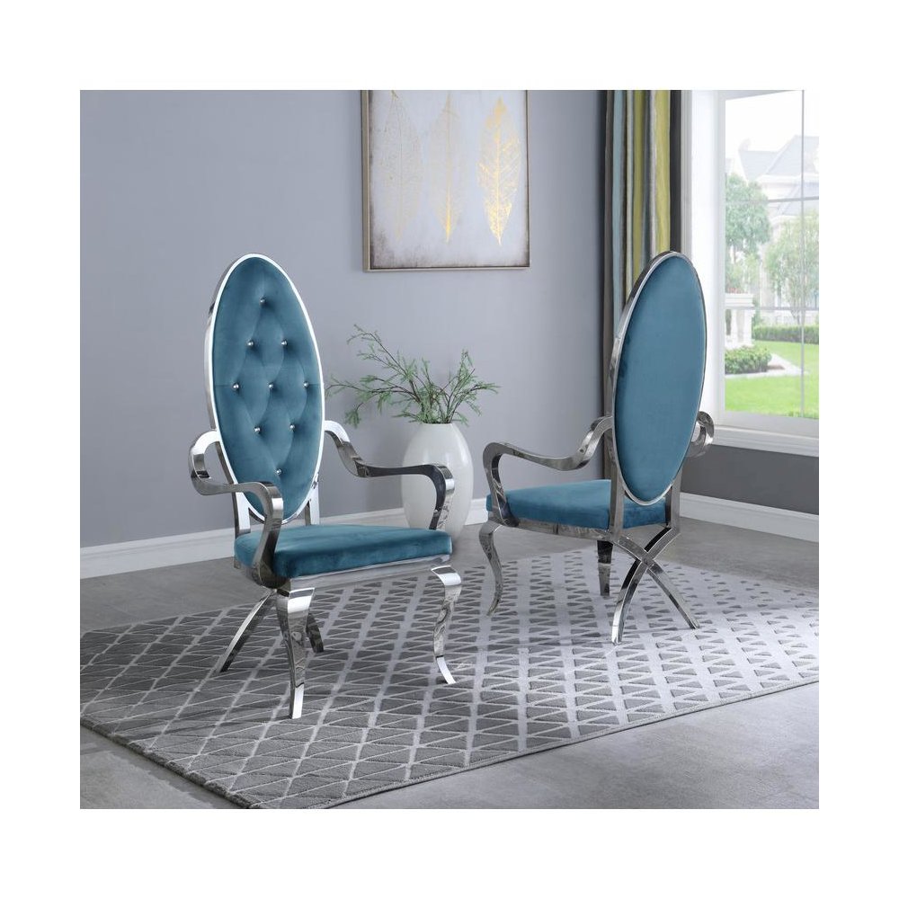 Velvet Arm Chair Set of 2, Stainless Steel, Teal. Picture 2