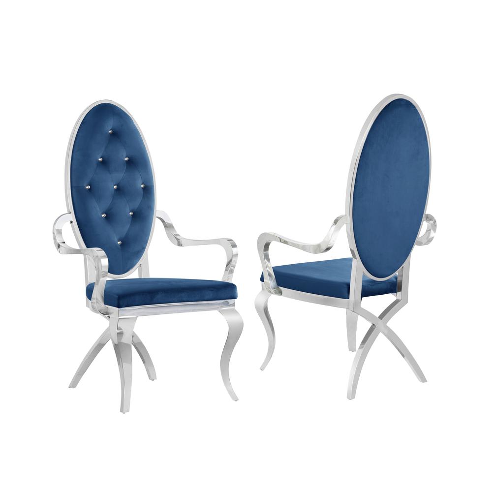 Navy Blue Velvet Tufted Arm Dining Chairs, Stainless Steel Legs - Set of 2. Picture 1
