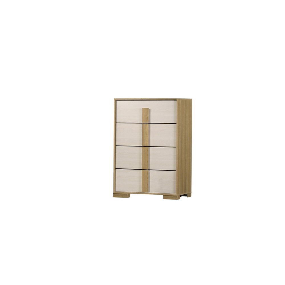 Beige four drawer wood bedroom chest. Picture 1