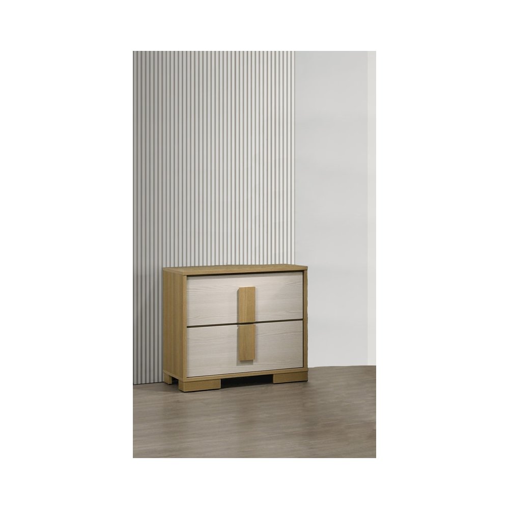 Beige two drawer wood bedroom nightstand. Picture 2