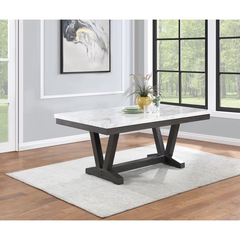 6 pc Dining set Faux Marble Wrap Table set with grey Linen Chairs and one bench. Picture 3