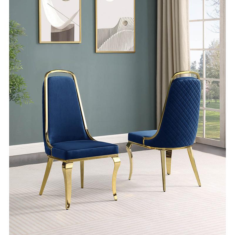 5pc White marble round dining set with gold base and 4 Navy blue side chairs. Picture 3