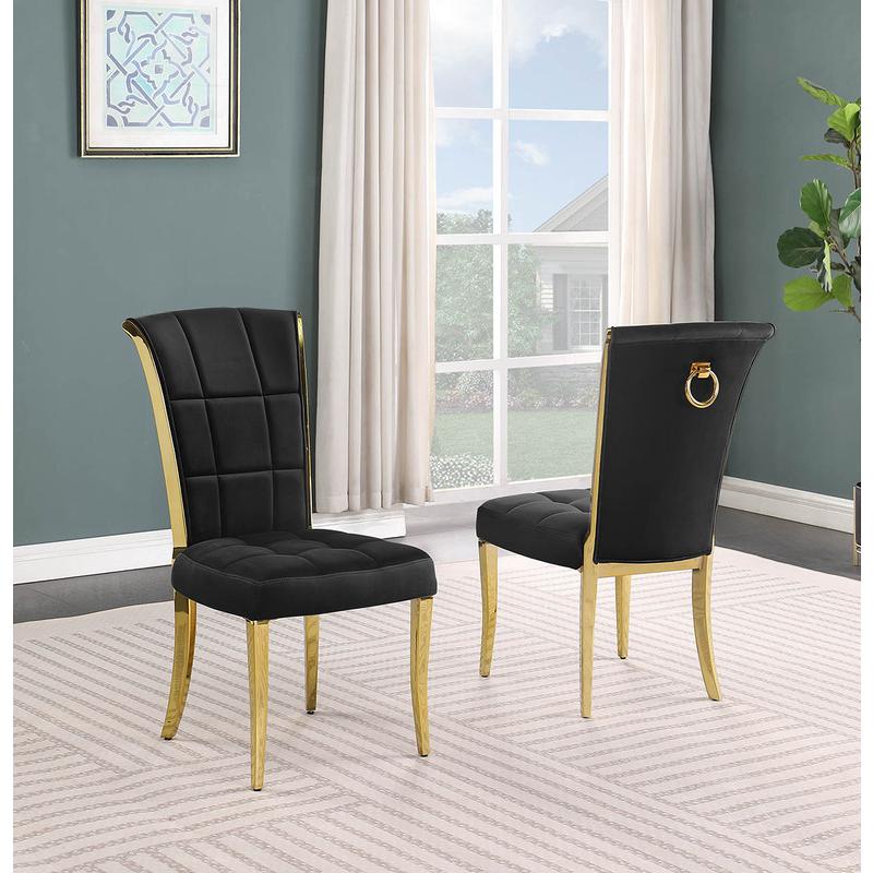 9pc Large(79") marble top dining set with gold base and 8 Black side chairs. Picture 4