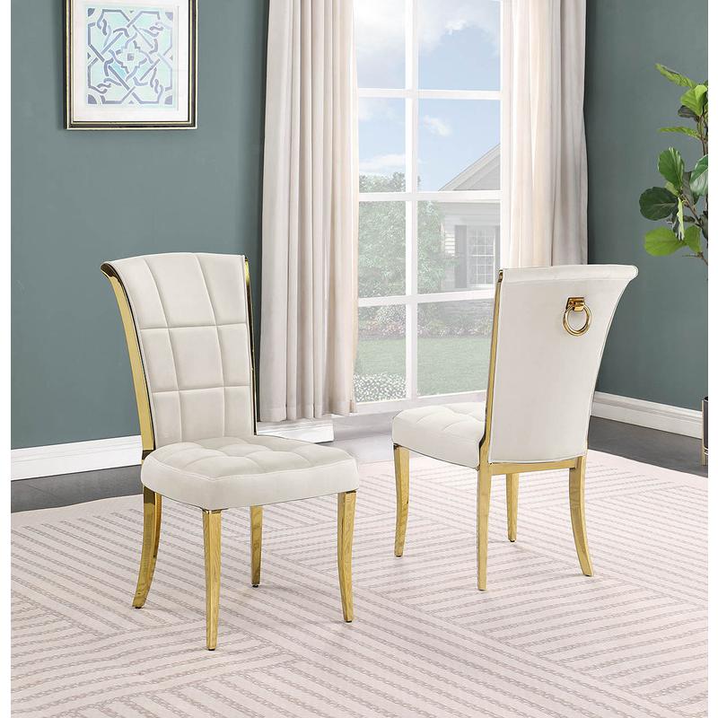 5pc White marble round dining set with gold base and 4 Cream side chairs. Picture 3