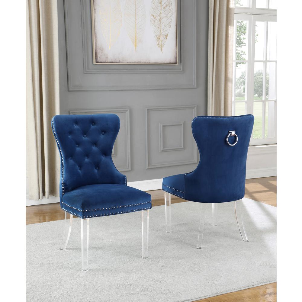 Navy Blue Velvet Tufted Dining Side Chairs, Acrylic Legs - Set of 2. Picture 1
