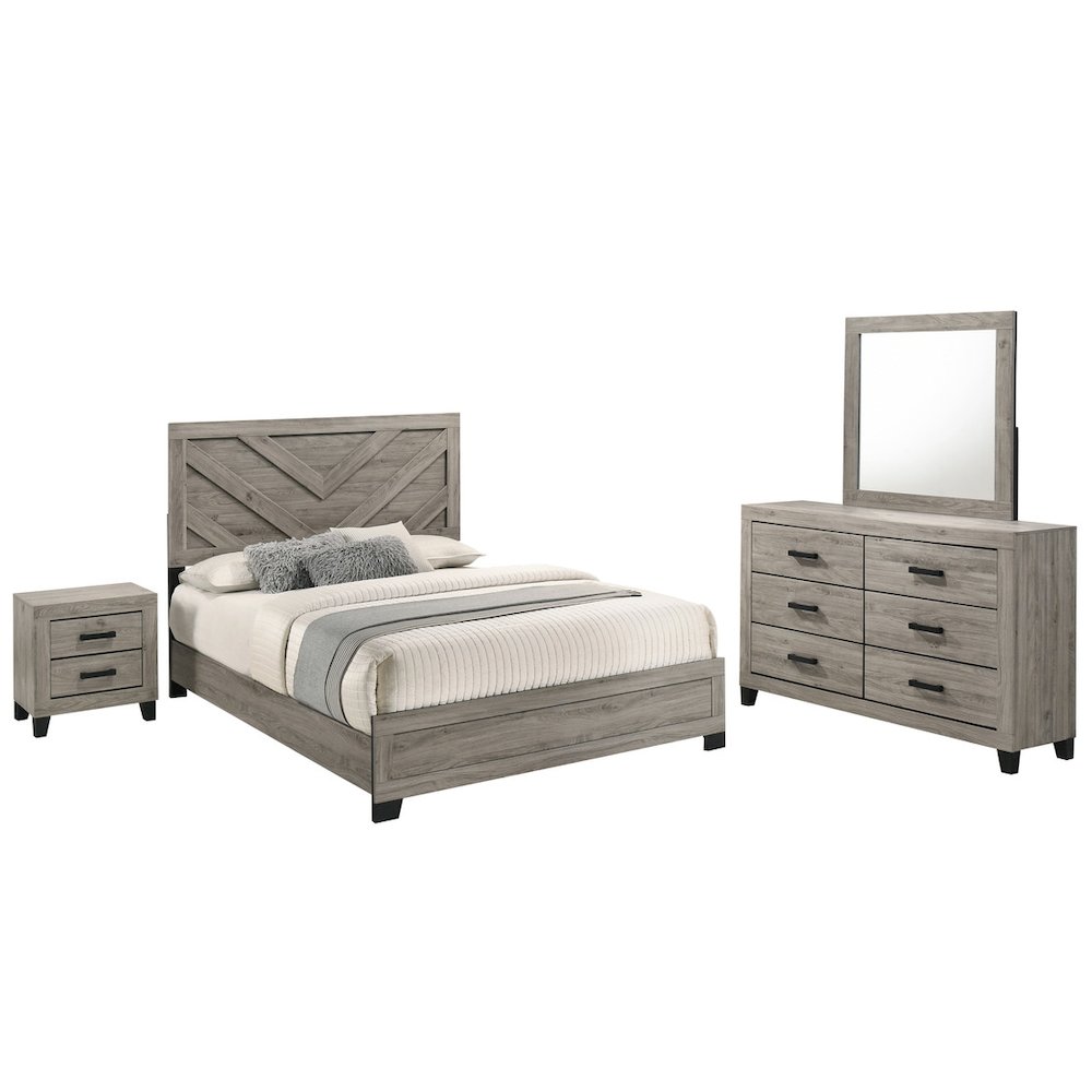 4 piece light grey pannel bedroom set (Bed+NS+Dresser+Mirror). Picture 1
