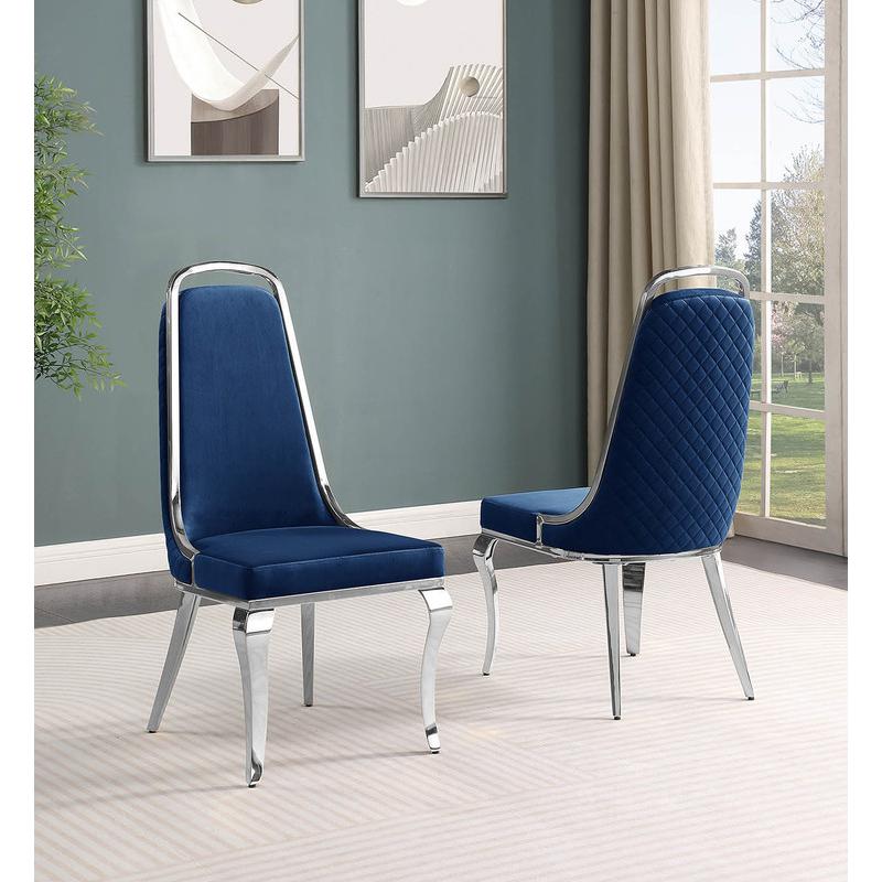 7pc Large(68") marble top dining set with silver base and 6 Navy blue chairs. Picture 4