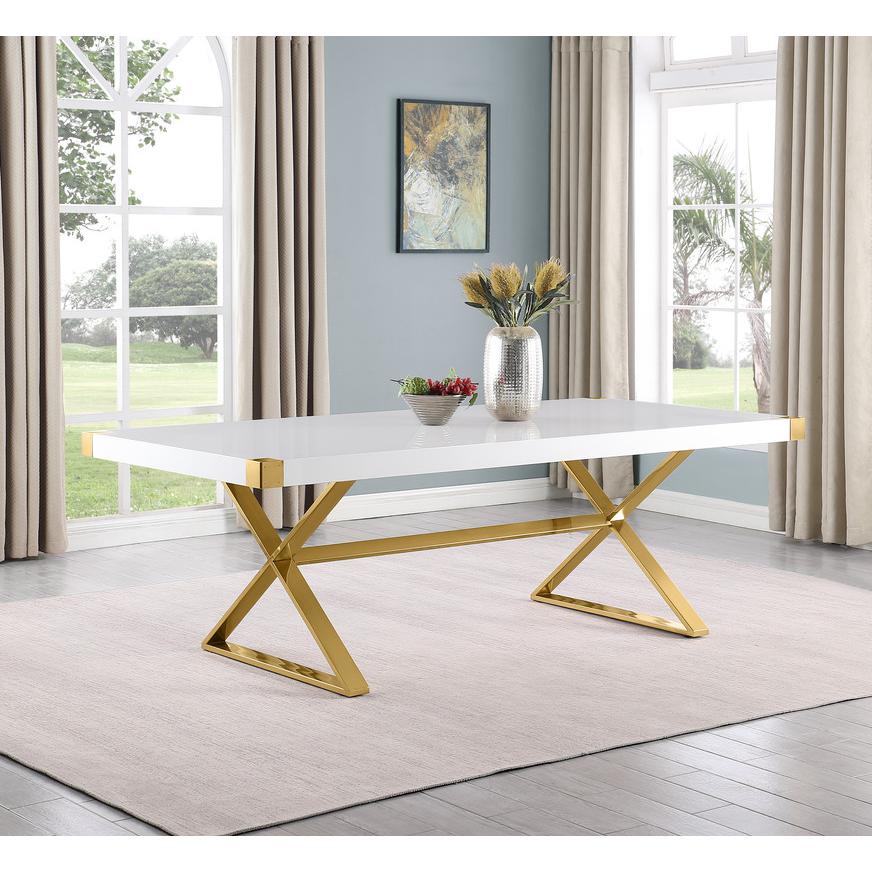 7pc Large(94") white wood top dining set with gold base and 6 Black side chairs. Picture 2