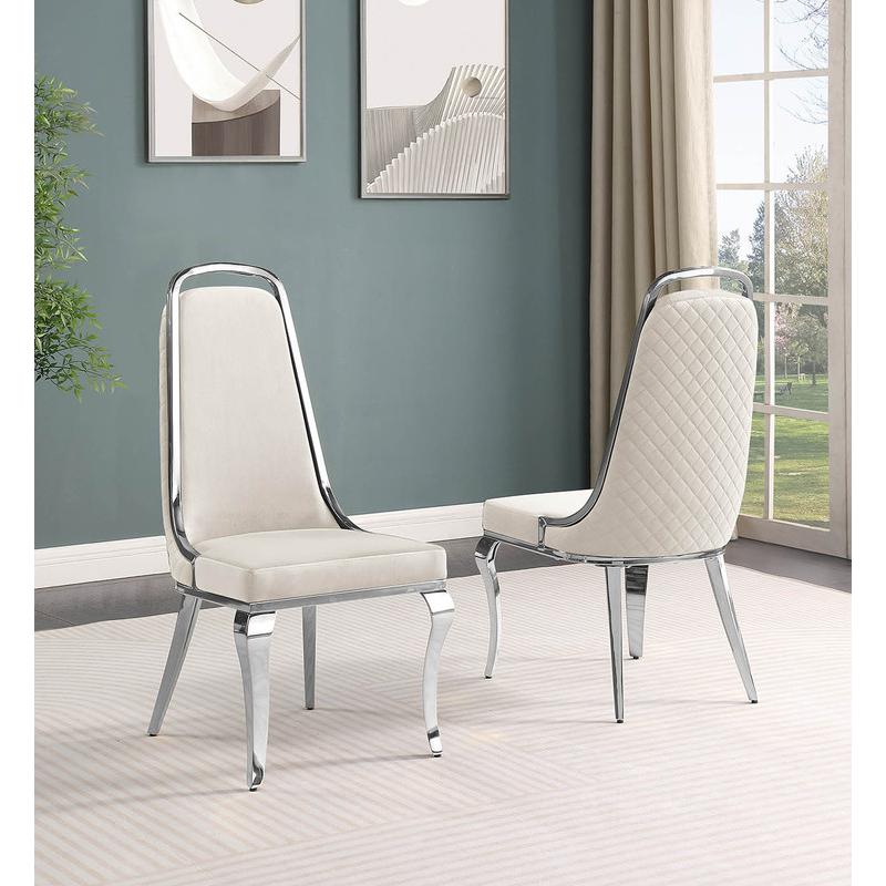 7pc Large(68") marble top dining set with silver base and 6 Cream side chairs. Picture 4