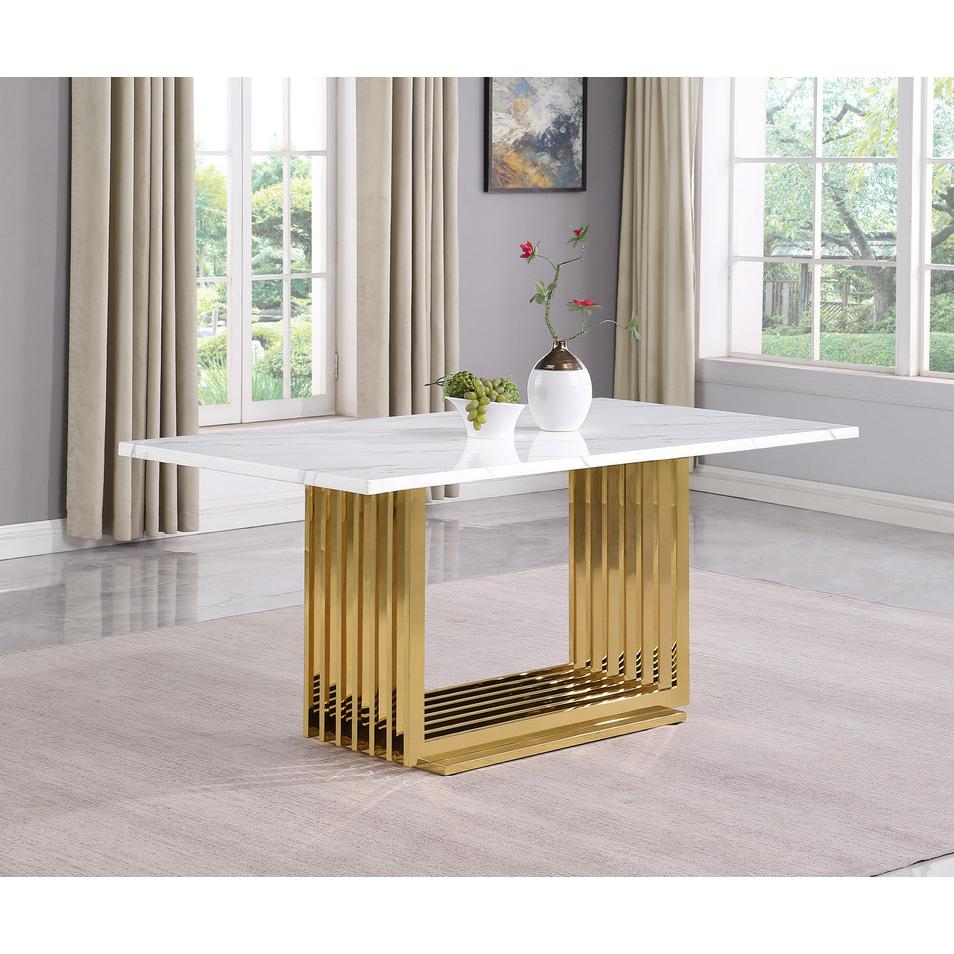 5pc Small(68") marble top dining set with gold base and 4 Cream side chairs. Picture 2