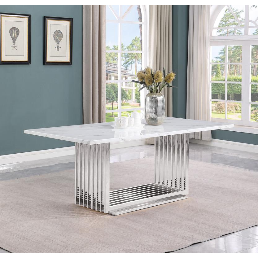 7pc Large(79") marble top dining set with silver base and 6 Cream side chairs. Picture 2