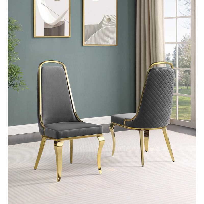 7pc Large(76") marble top dining set with gold base and 6 Dark grey side chairs. Picture 4