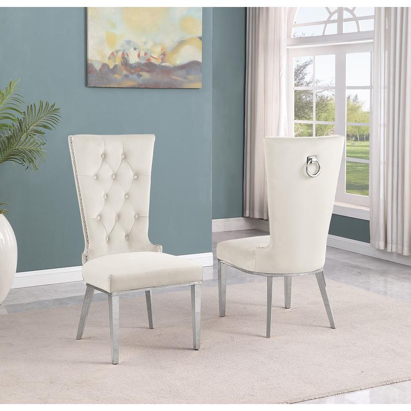 5pc Small(68") marble top dining set with silver base and 4 Cream side chairs. Picture 4