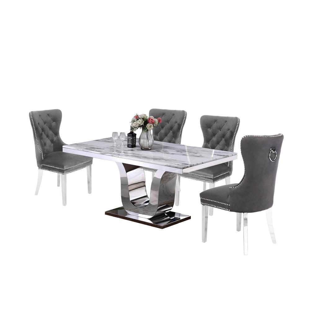 White Marble 5pc Set Tufted Wingback Chairs in Dark Grey Velvet. Picture 2