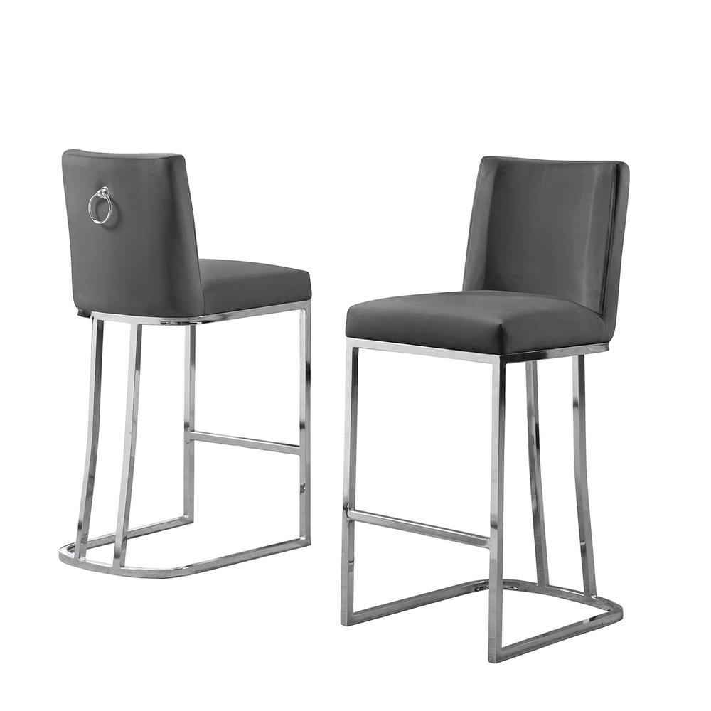 24" Velvet Counter Stool, Dark Grey, Chrome Base (Set of 2). Picture 1