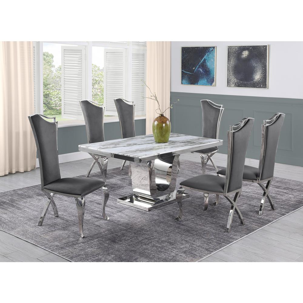 White Marble 7pc Set Highback Chairs in Dark Grey Velvet. Picture 1