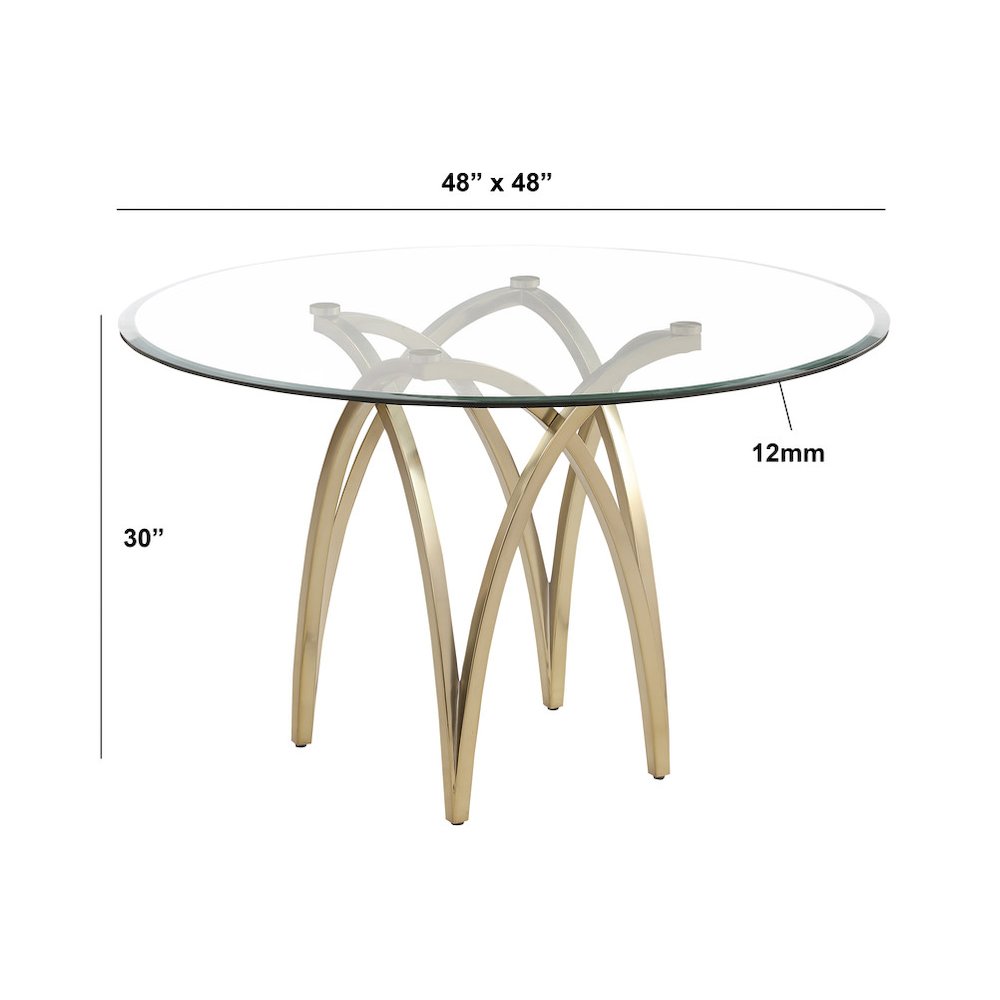 Round 48X48 Tempered Glass Dining Table With Matte Gold Base. Picture 3