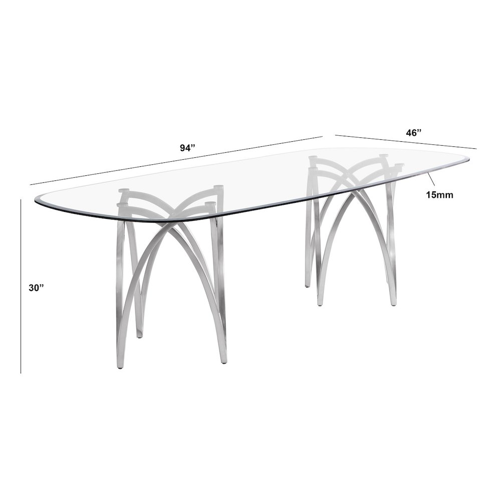 Large Clear Tempered Glass Dining Table Brushed Silver Matte Chrome-Plated Base. Picture 3