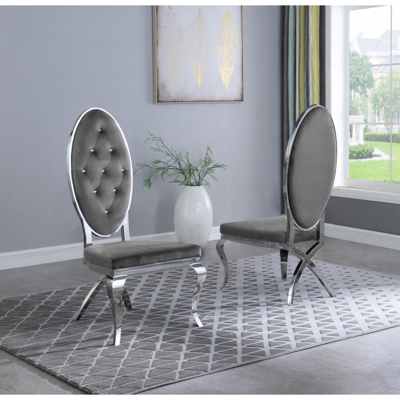Classic 7pc Dining Set w/Uph Tuftd Side/Arm Chair, Glass Table w/ Silver Spiral Base, Dark Grey. Picture 4