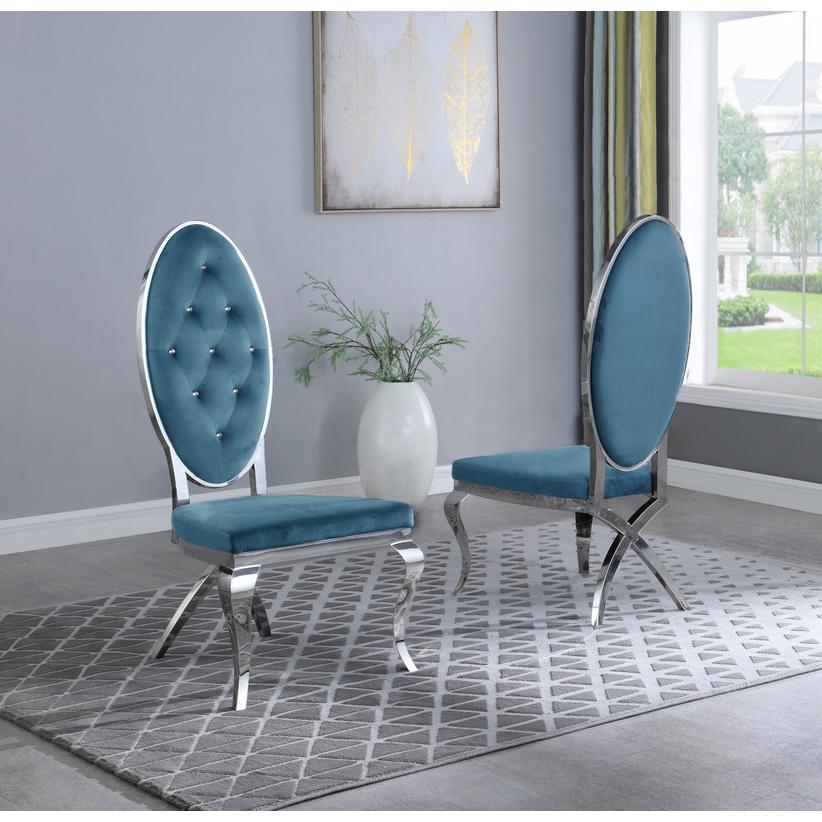 Classic 9pc Dining Set w/Uph Tufted Side/Arm Chair, Glass Table w/ Silver Spiral Base, Teal. Picture 3