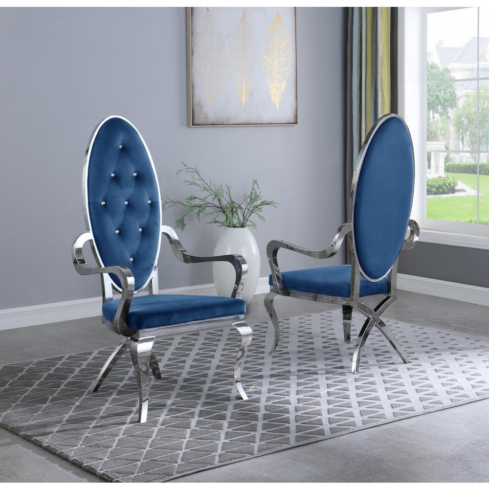Navy Blue Velvet Tufted Arm Dining Chairs, Stainless Steel Legs - Set of 2. Picture 2
