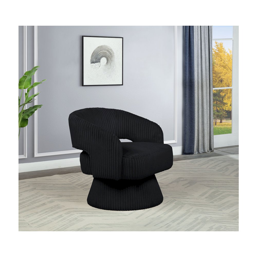 Black Velvet Swivel Accent Barrel Chair. Picture 3