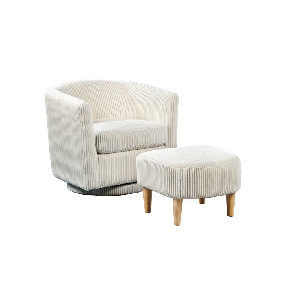 2 Piece Swivel Chair With Matching Ottoman In White Velvet. Picture 1