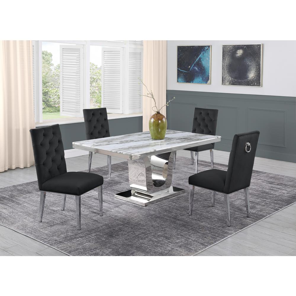 White Marble 5pc Set Ring Chairs in Black Velvet. Picture 1