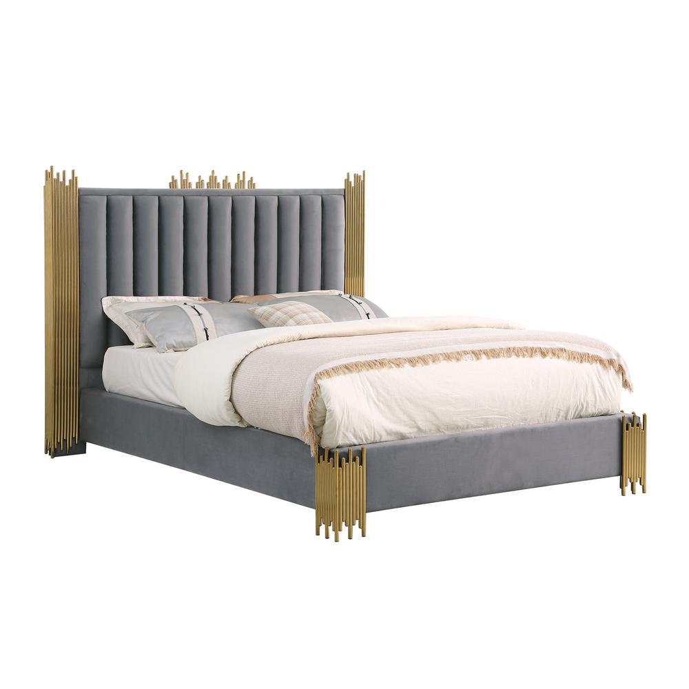 Queen size Dark grey velvet bed with gold corners (Platform). Picture 1