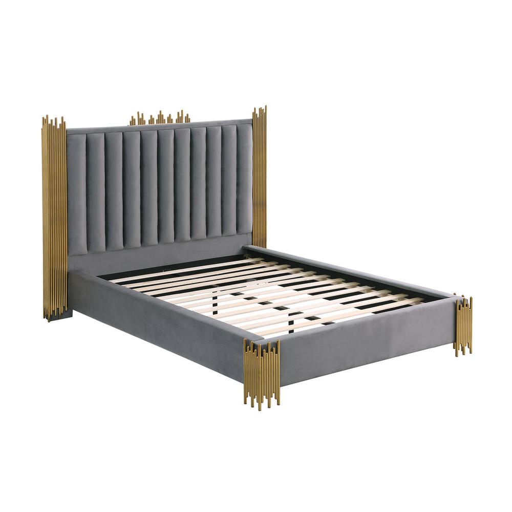 Queen size Dark grey velvet bed with gold corners (Platform). Picture 2