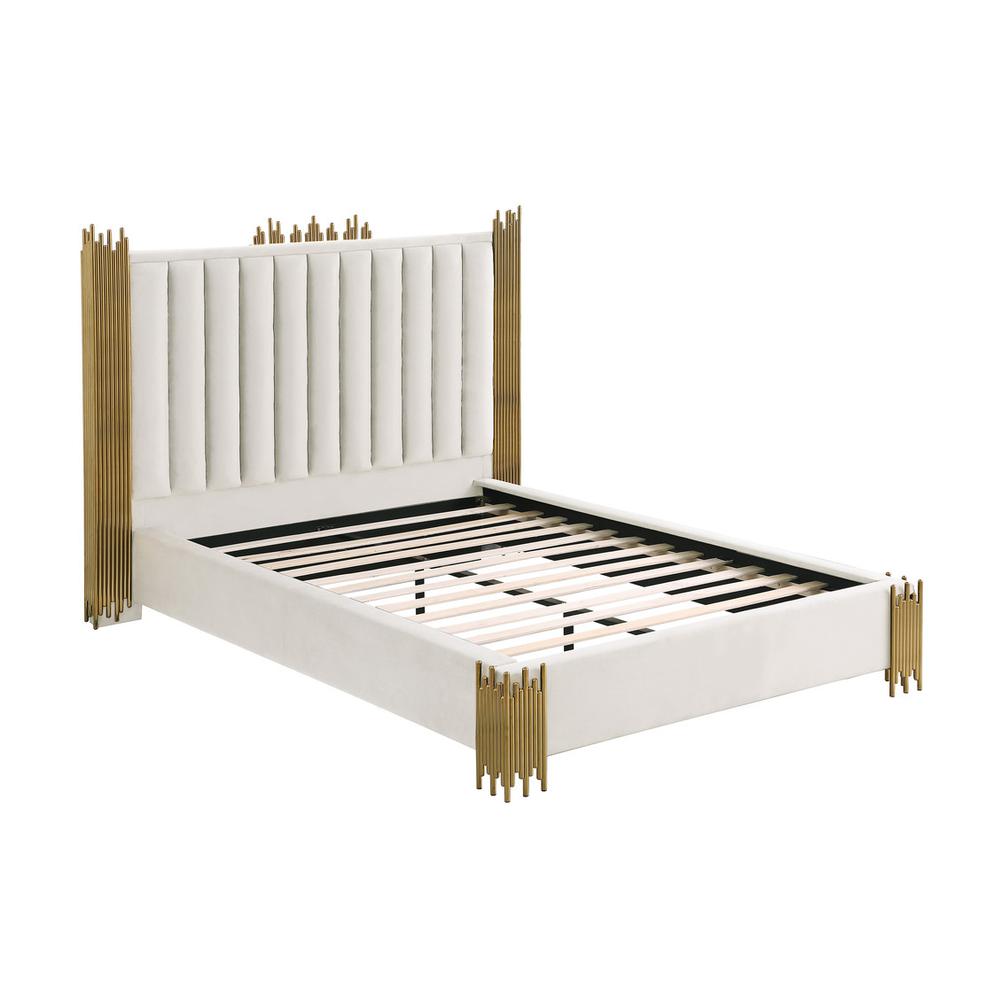 Queen size Cream velvet bed with gold corners (Platform). Picture 2