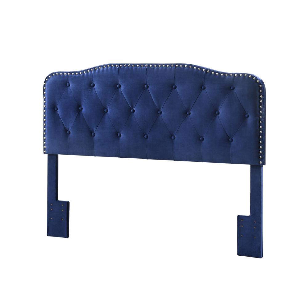 Navy Blue Velvet Uph. Panel Bed with Silver Nailhead - Queen. Picture 4