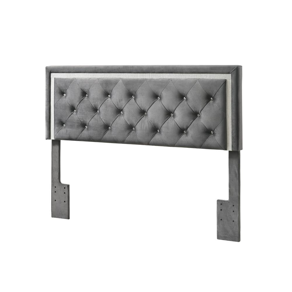 Dark Grey Velvet Uph. Panel Bed with Accents - Full. Picture 1