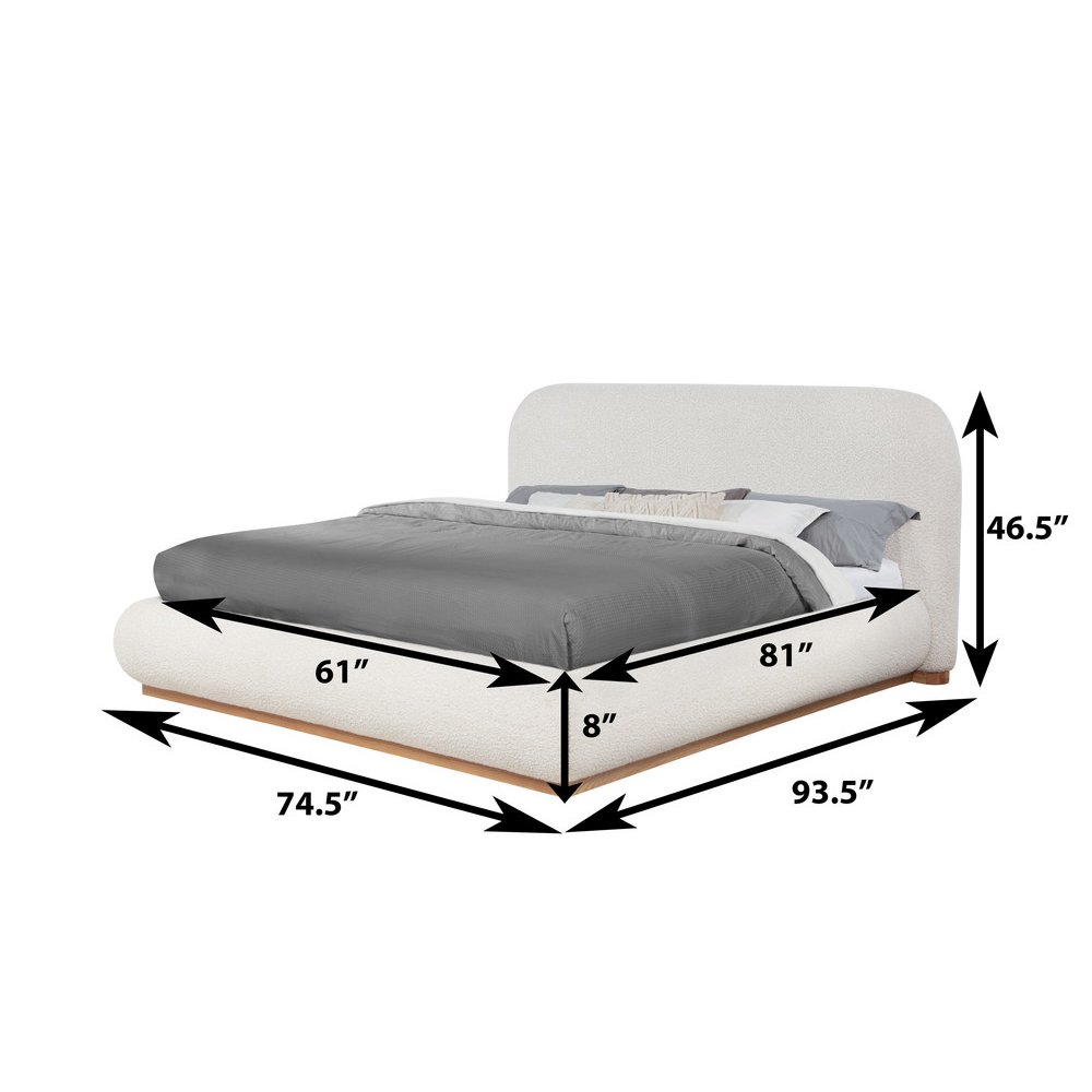 Cream Boucle Queen Platform Bed With Wood Base. Picture 2