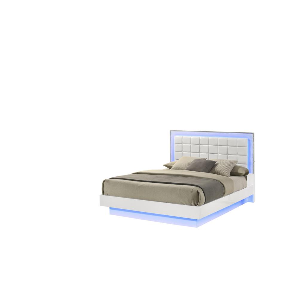 White queen size bed with a plateform frame and adjustable LED lighting. Picture 1