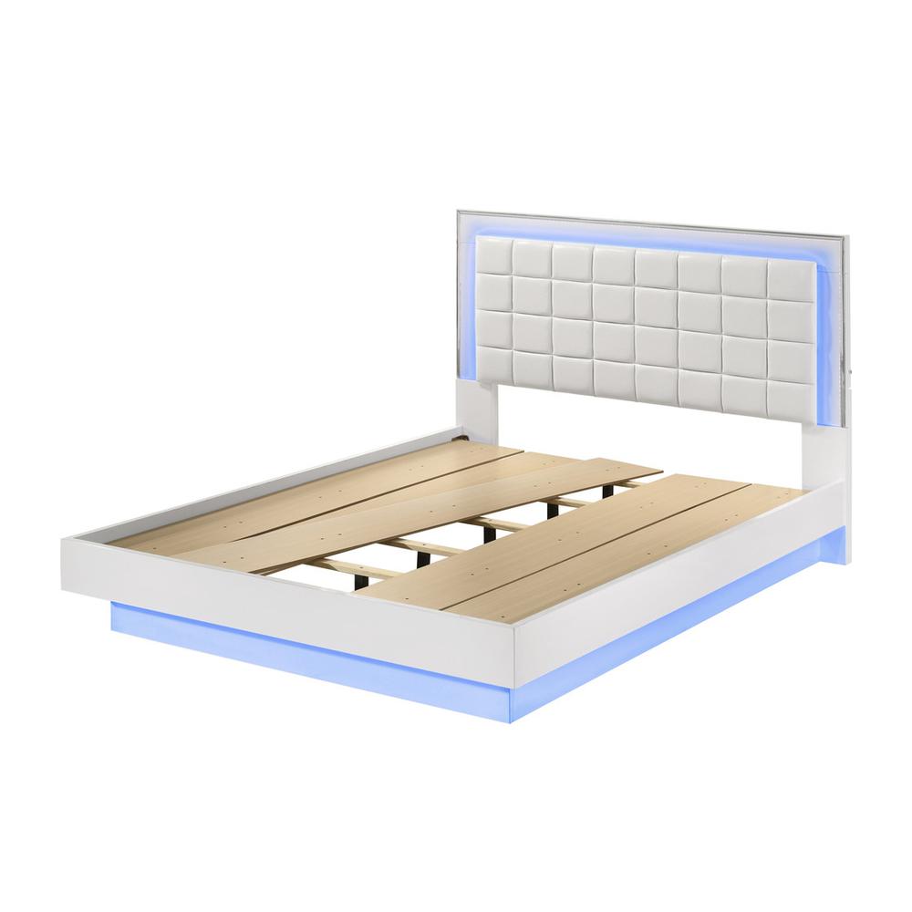 White queen size bed with a plateform frame and adjustable LED lighting. Picture 2