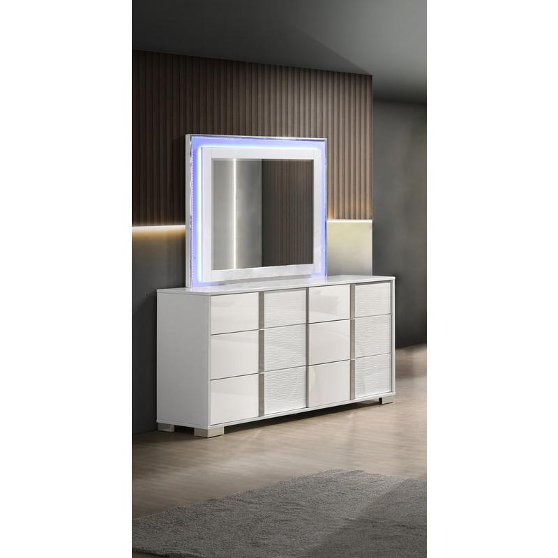 White dresser with 6 drawers and a blue LED light trim on the mirror. Picture 3