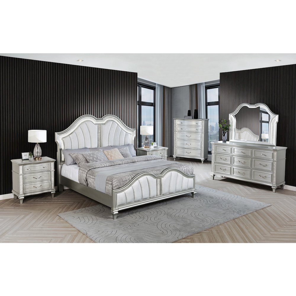 6 Piece Silver Eastern King Panel Bedroom Set (Ekb+Dresser+Mirror+2Ns+Chest). Picture 7