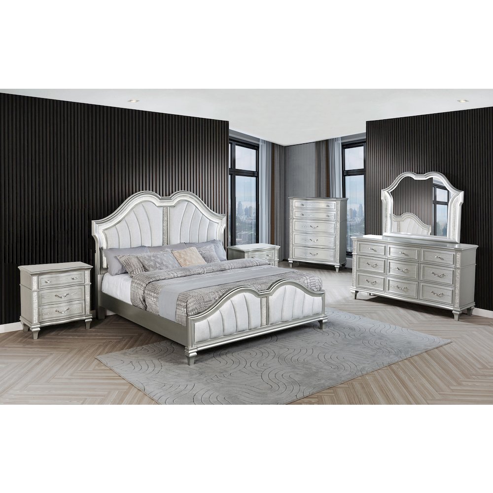 6 Piece Silver Eastern King Panel Bedroom Set (Ekb+Dresser+Mirror+2Ns+Chest). Picture 6