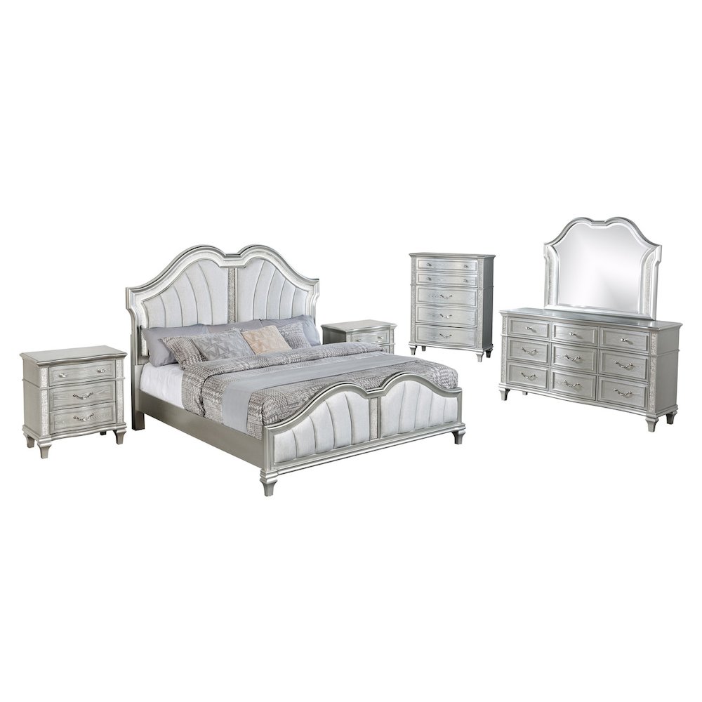 6 Piece Silver Eastern King Panel Bedroom Set (Ekb+Dresser+Mirror+2Ns+Chest). Picture 1