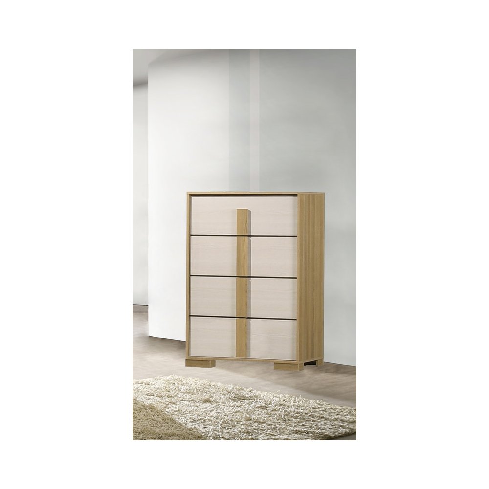 Beige four drawer wood bedroom chest. Picture 2